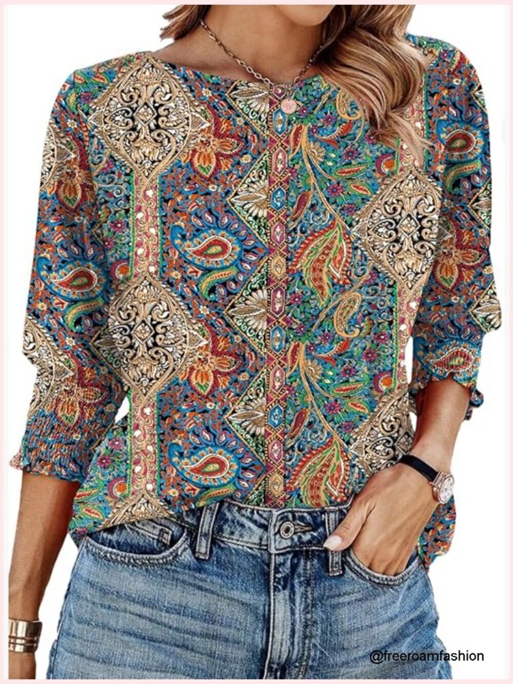 3/4 Sleeve Smocked Cuff Boat Neck Blouse Polyester Blend Lightweight